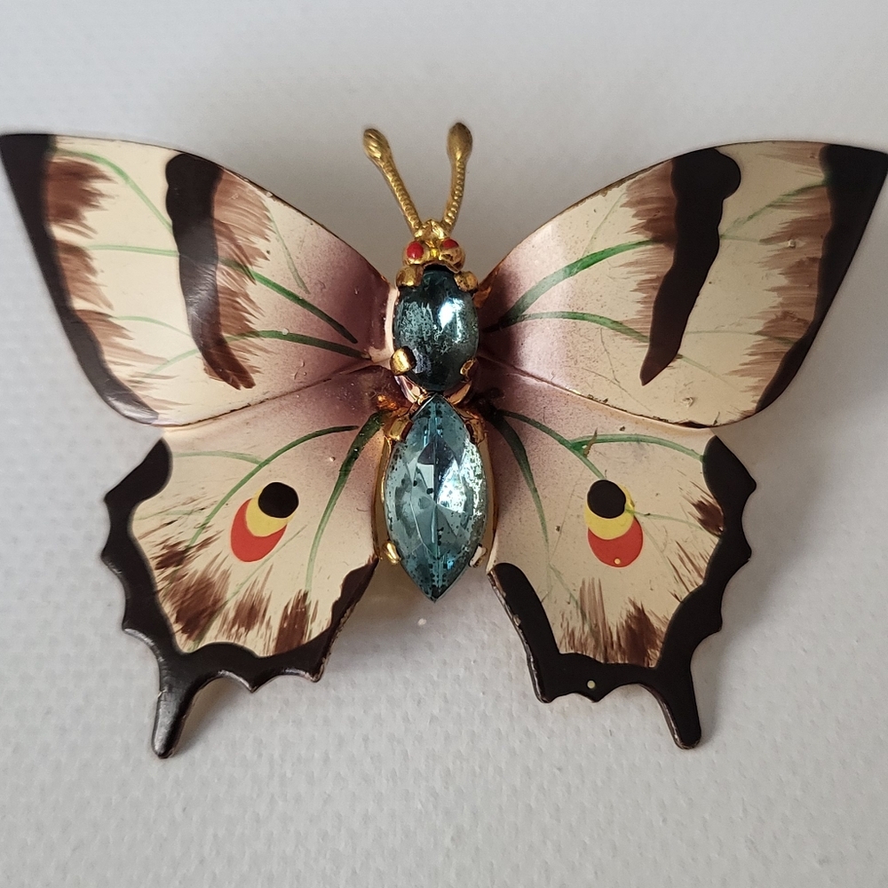 Vintage Czechoslovakia Hand painted Enamel Butterfly Brooch with Blue Glass